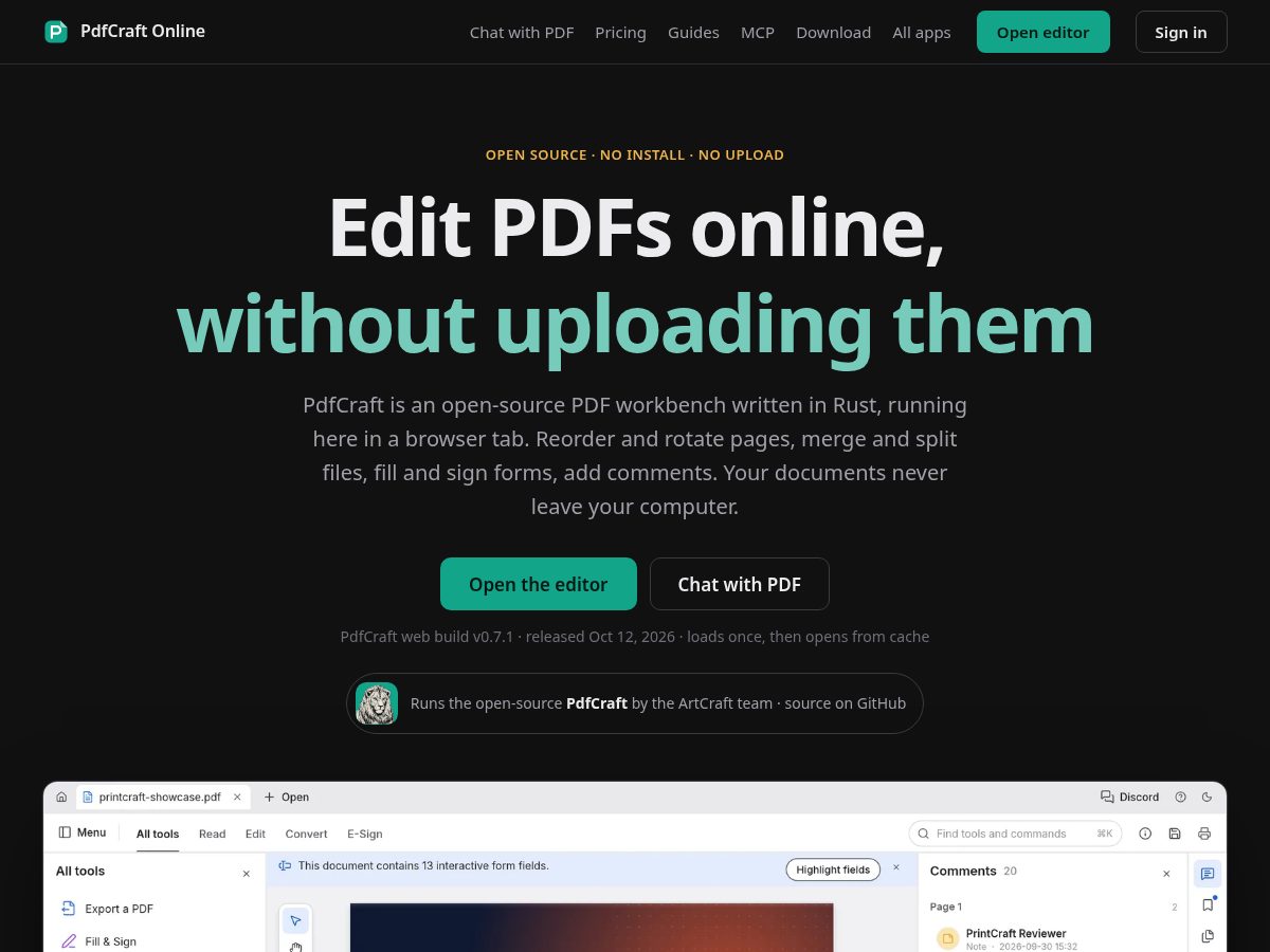 Landing-page snapshot of pdfcraft.run