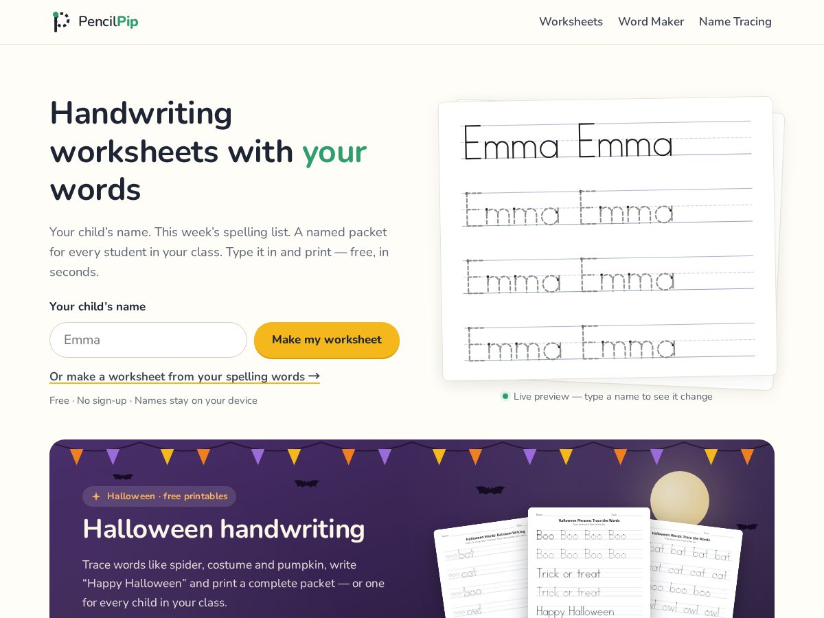 Landing-page snapshot of pencilpip.com