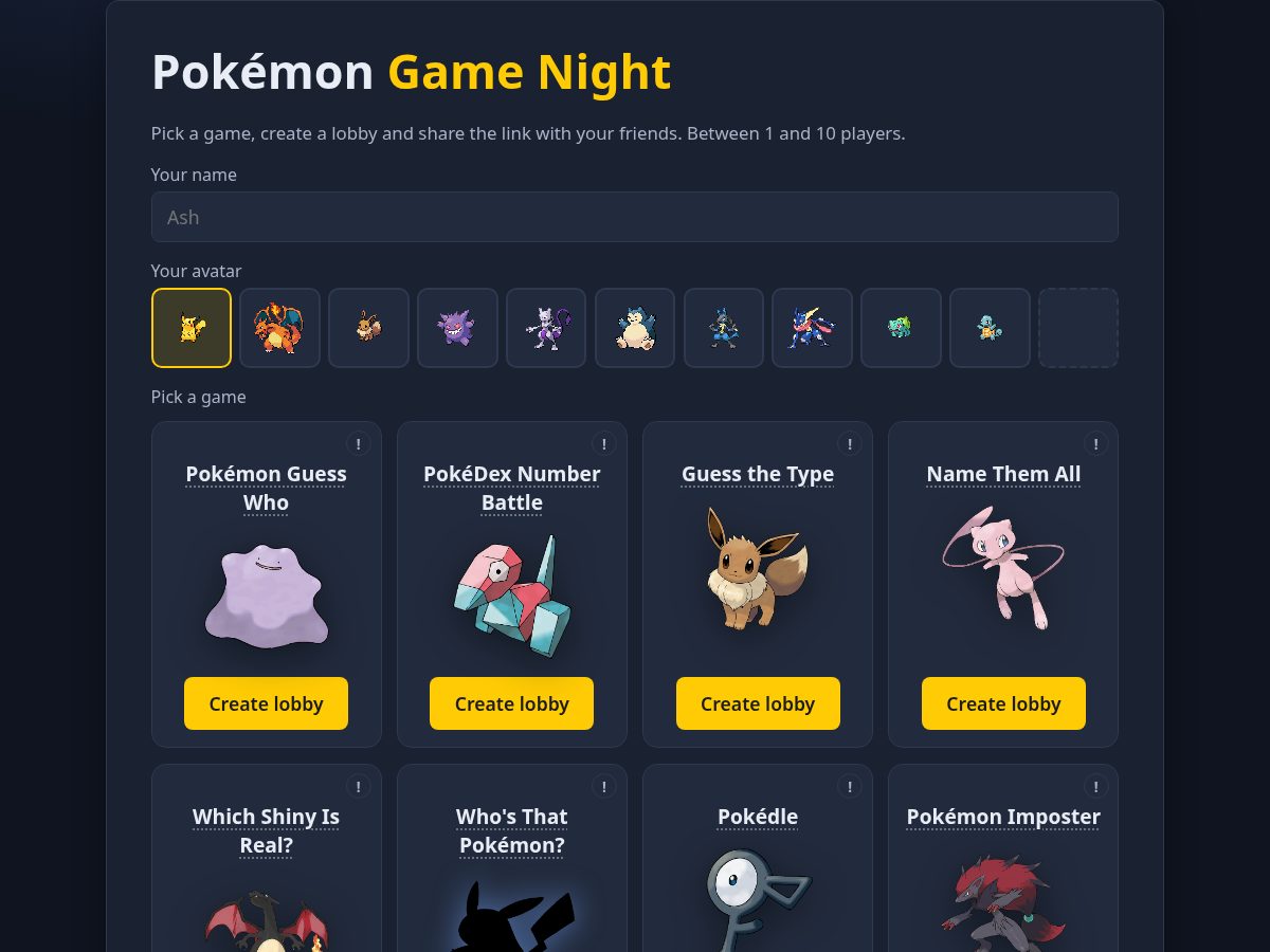 Landing-page snapshot of pokegamenight.com