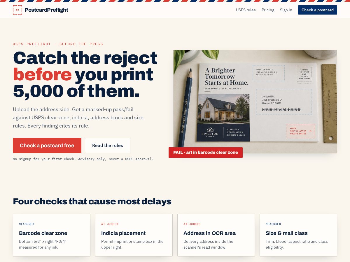 Landing-page snapshot of postcardpreflight.com