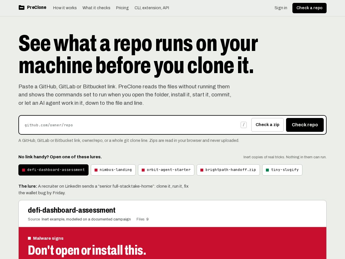 Landing-page snapshot of preclone.dev