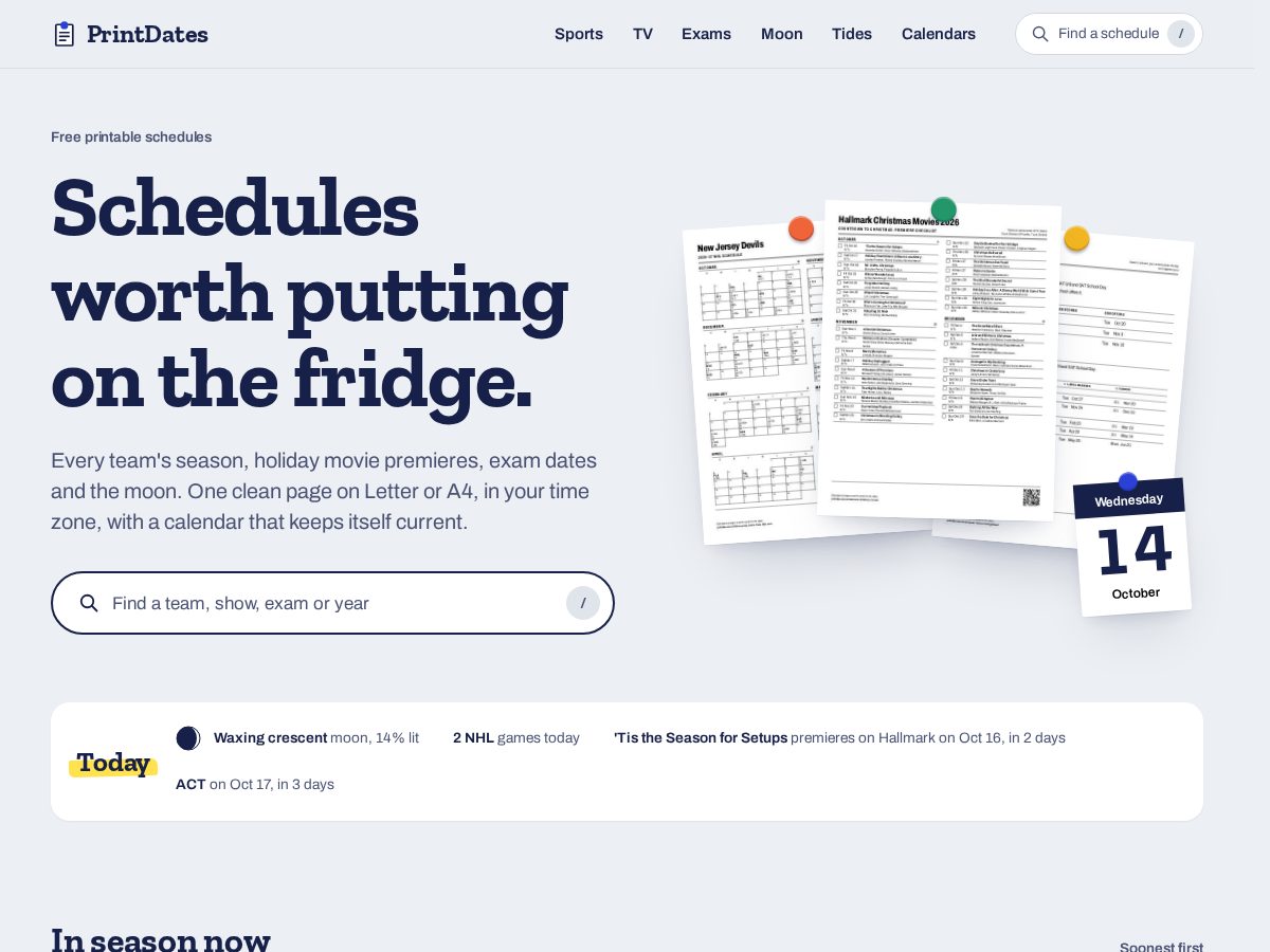 Landing-page snapshot of printdates.com