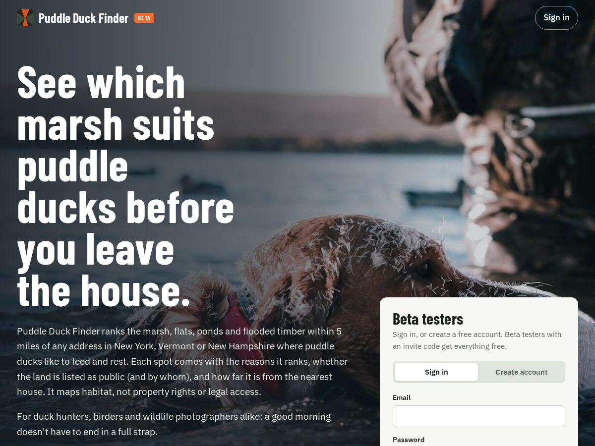 Landing-page snapshot of puddleduckfinder.com