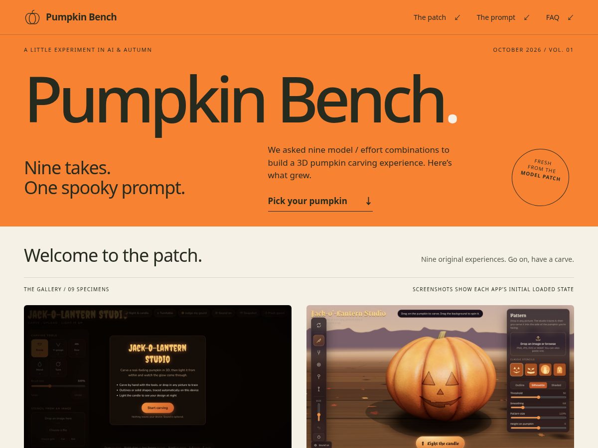 Landing-page snapshot of pumpkinbench.com