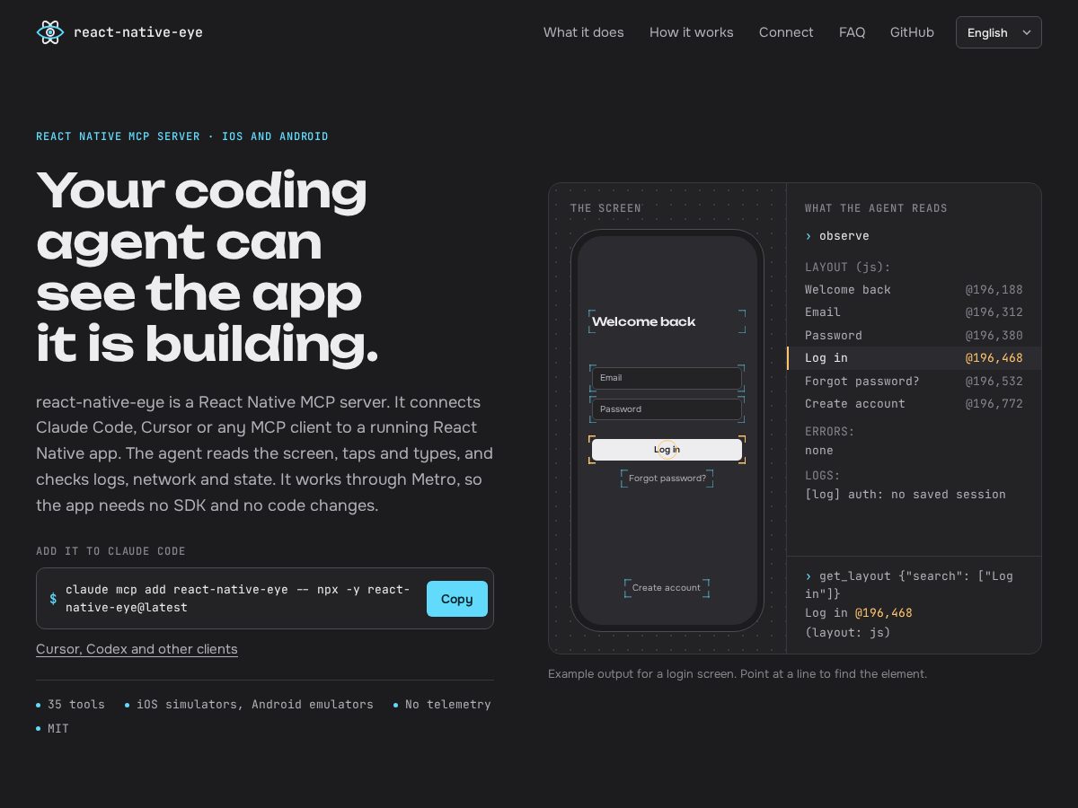 Landing-page snapshot of react-native-eye.com