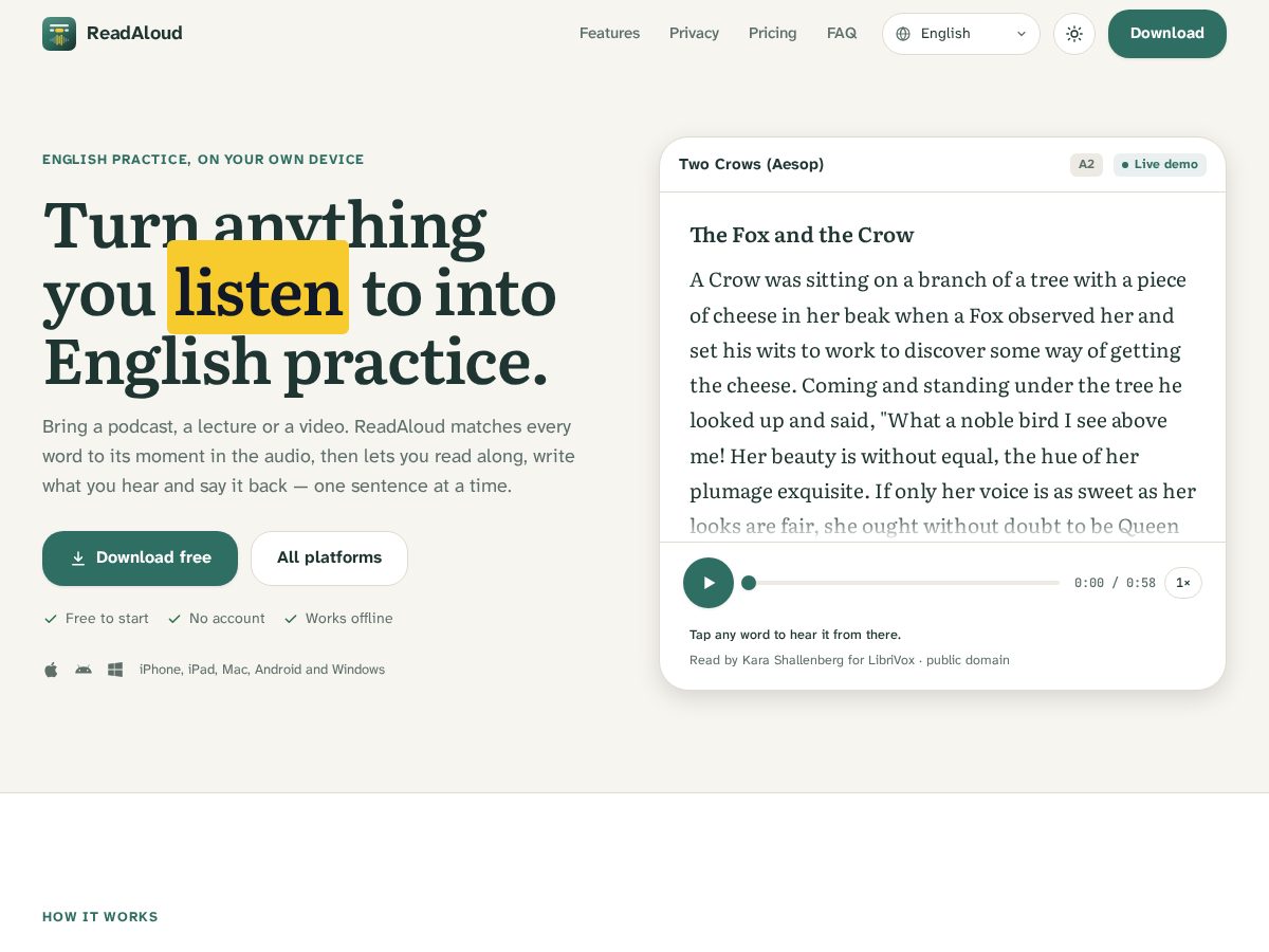 Landing-page snapshot of readaloud.work