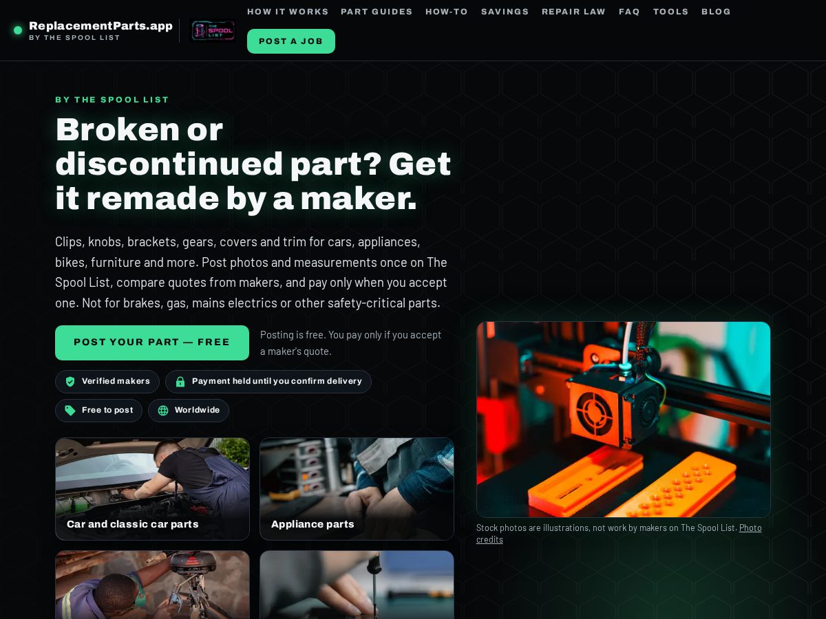 Landing-page snapshot of replacementparts.app