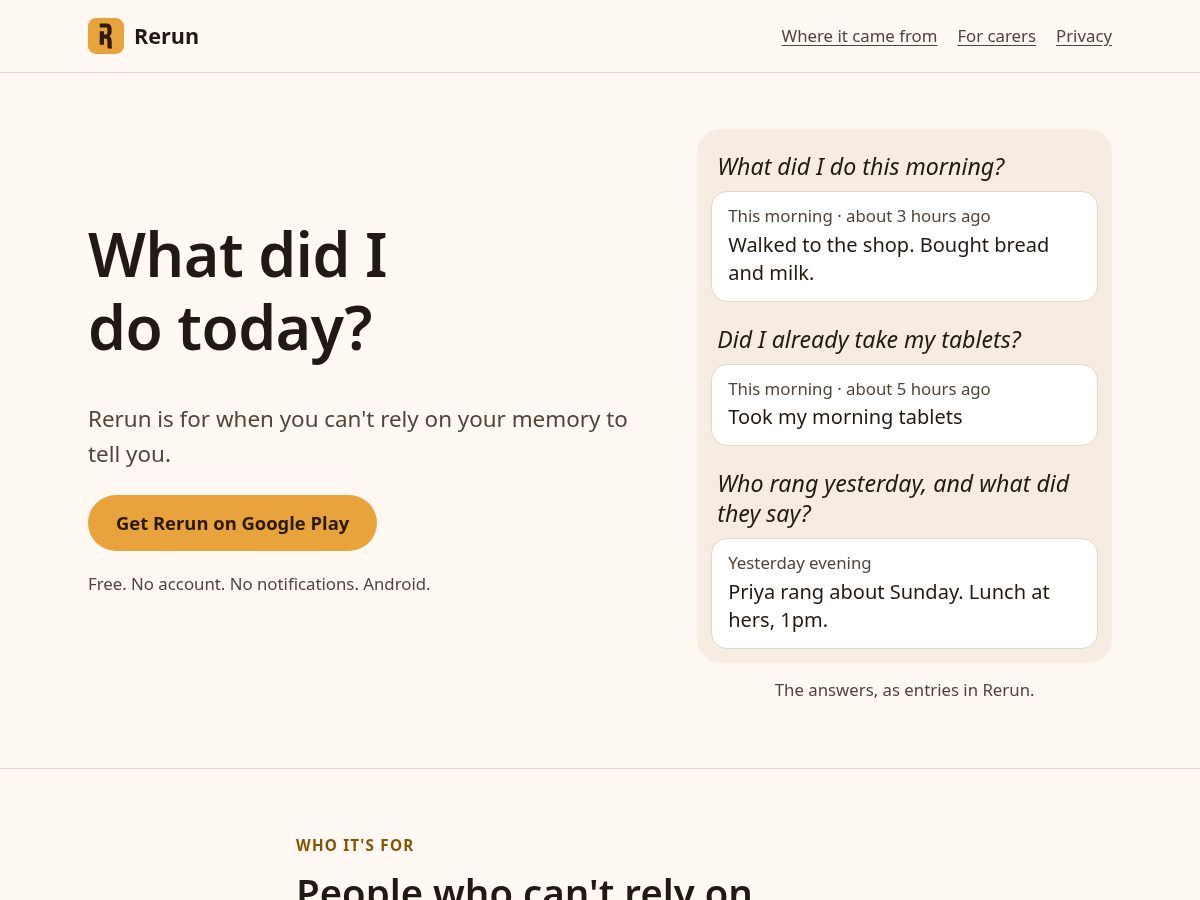 Landing-page snapshot of rerunyourday.com