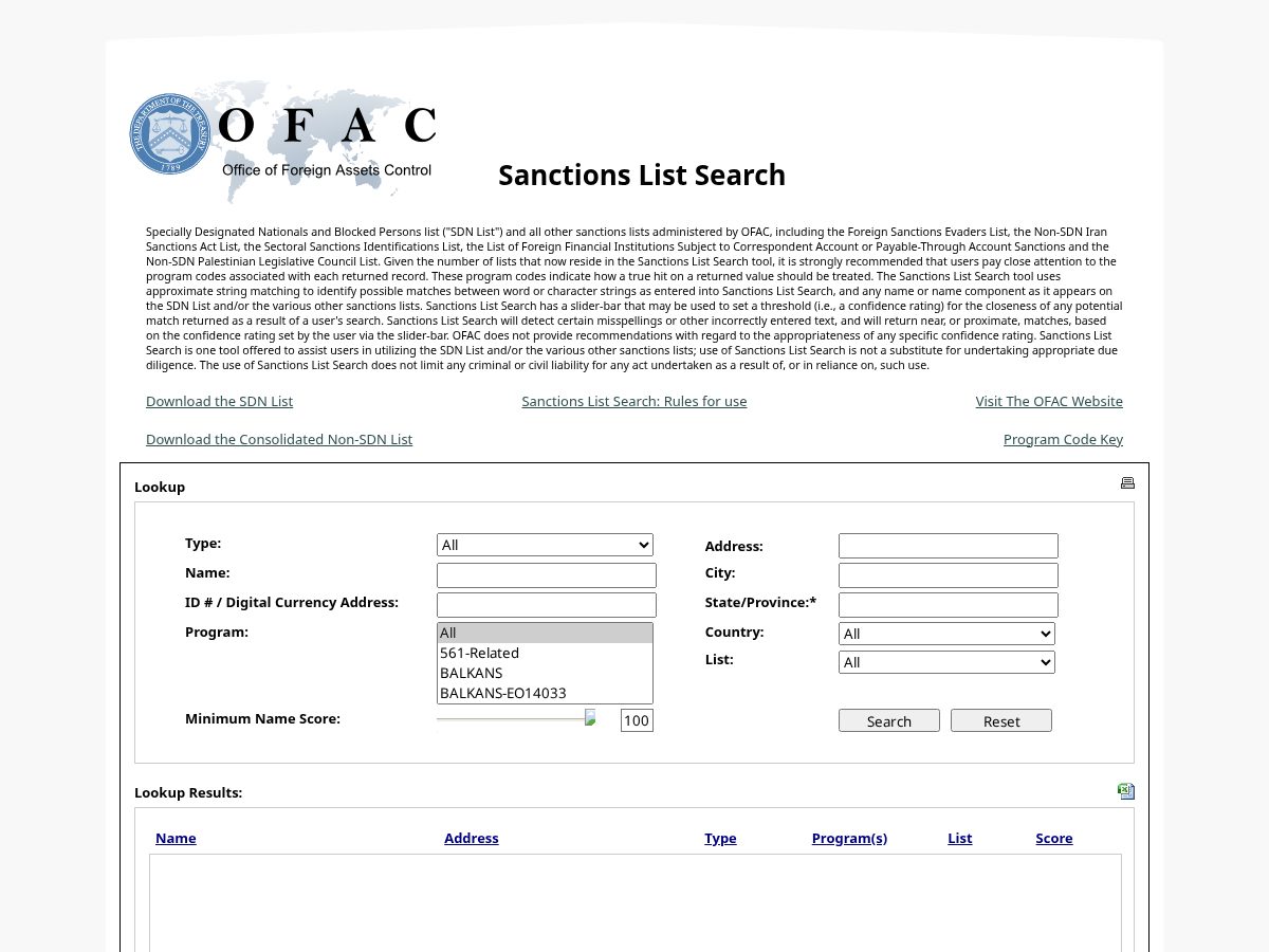 Landing-page snapshot of sanctionssearchs.org