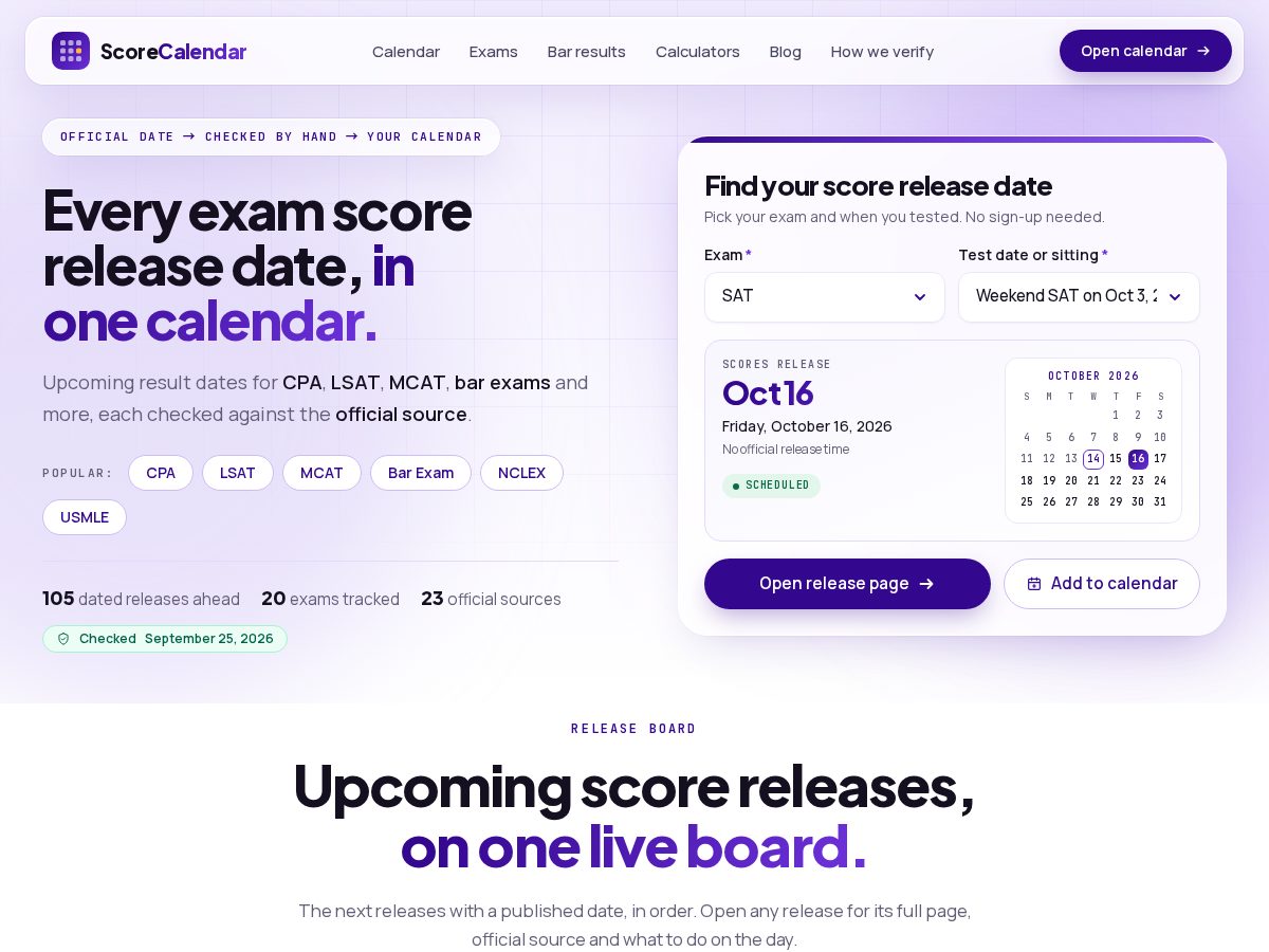 Landing-page snapshot of scorecalendar.com