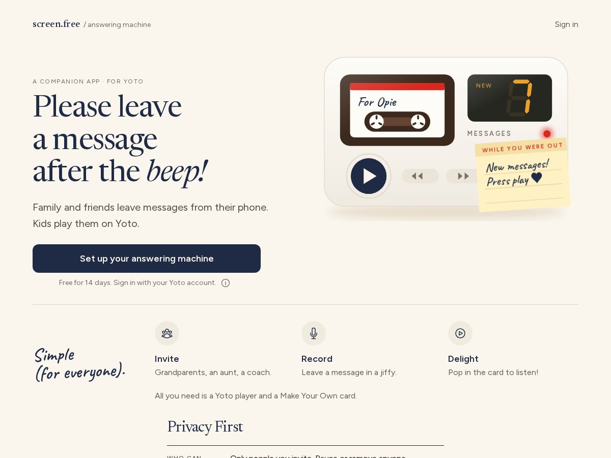 Landing-page snapshot of screen.free