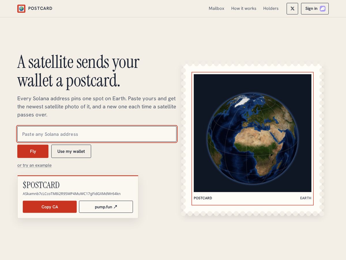 Landing-page snapshot of sendapostcard.fun