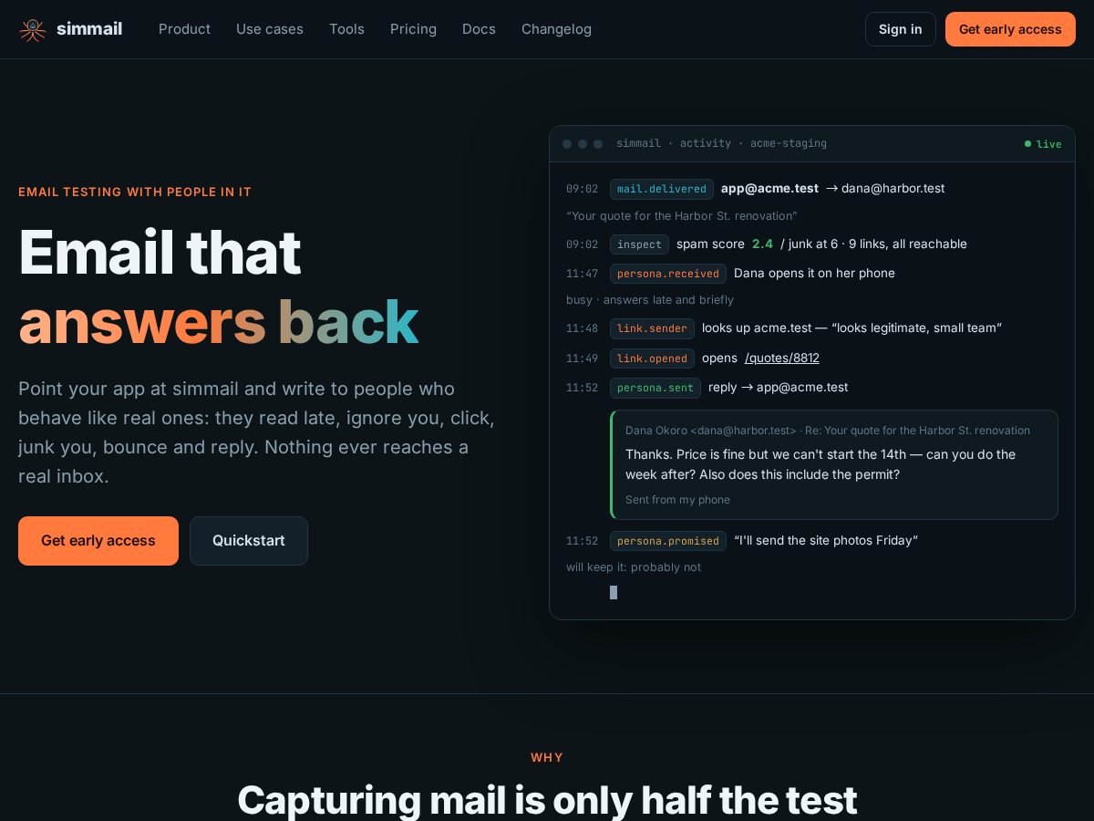 Landing-page snapshot of simmail.dev