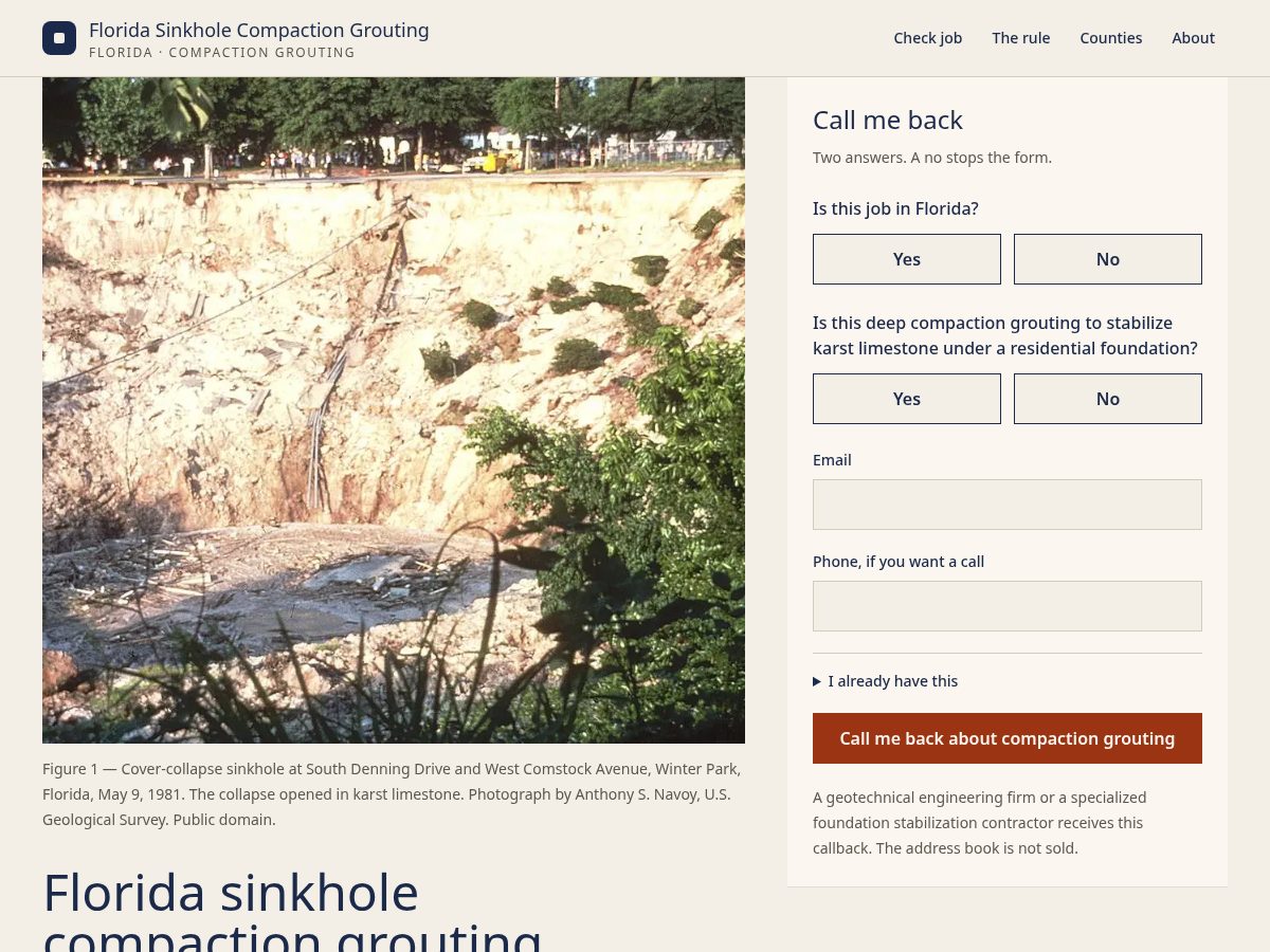 Landing-page snapshot of sinkholecompaction.xyz