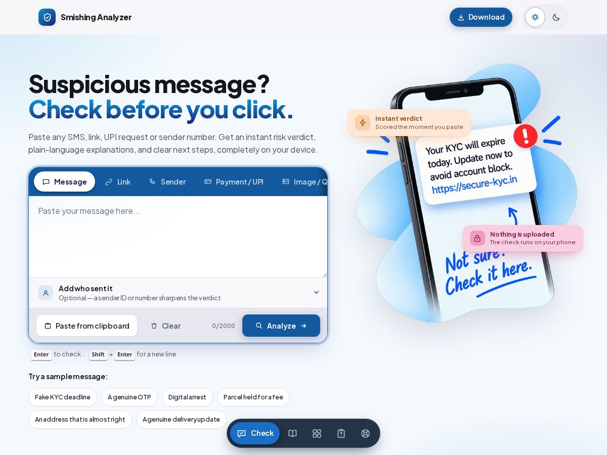 Landing-page snapshot of smishinganalyzer.com