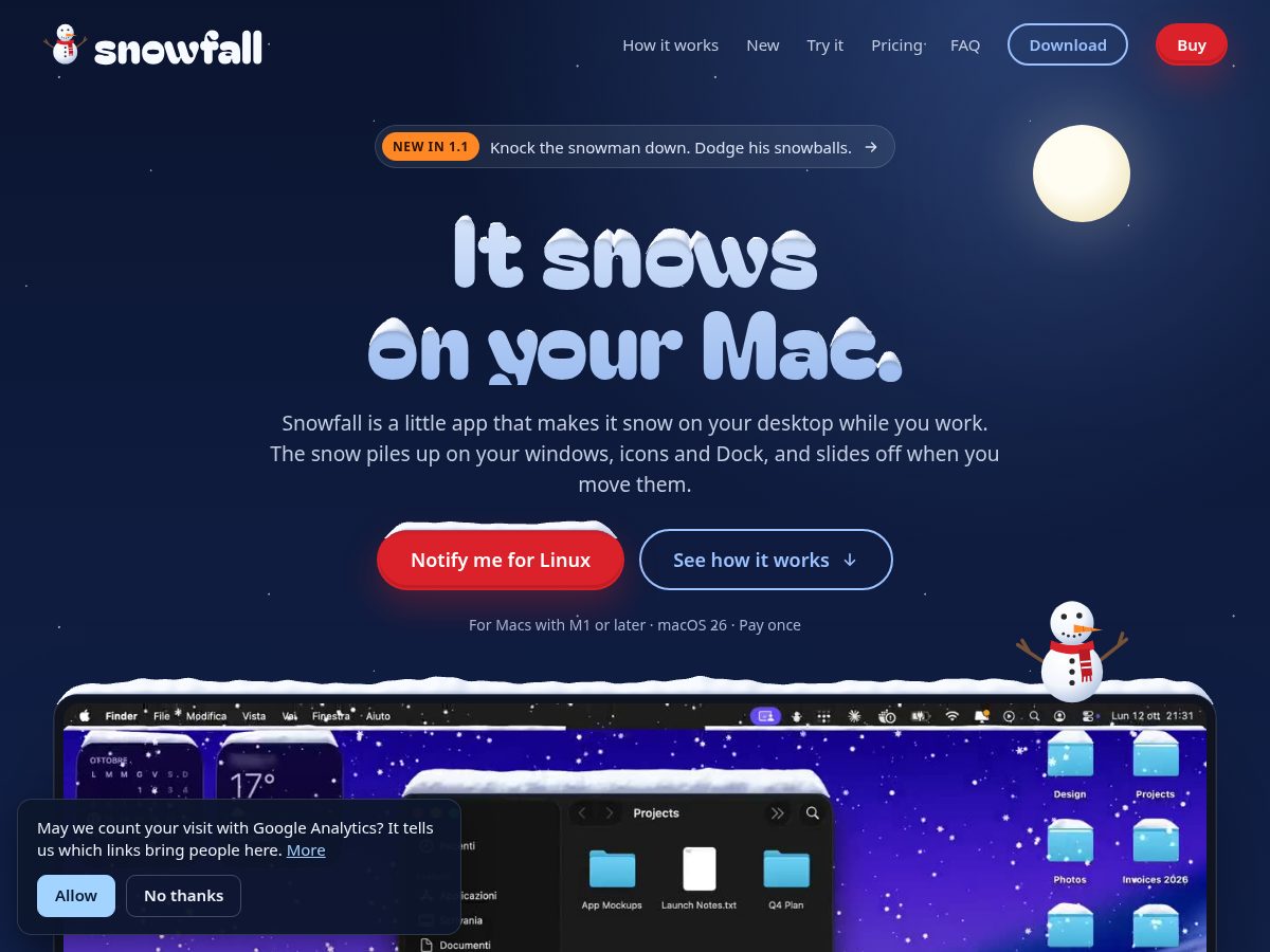 Landing-page snapshot of snowfallmac.com