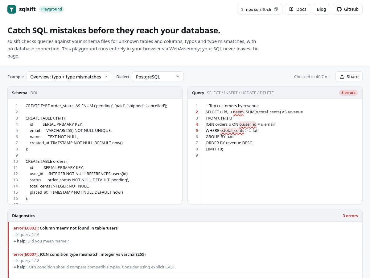 Landing-page snapshot of sqlsift.dev