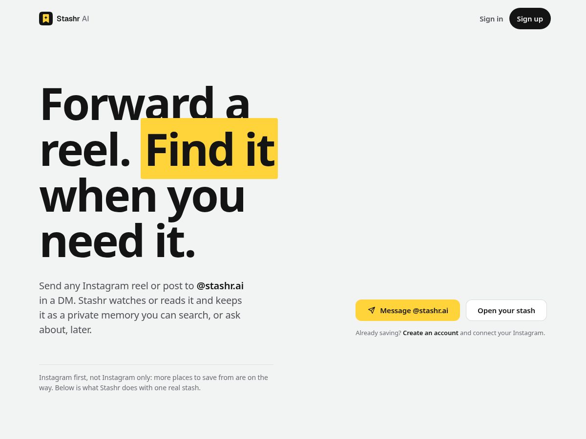 Landing-page snapshot of stashrai.com