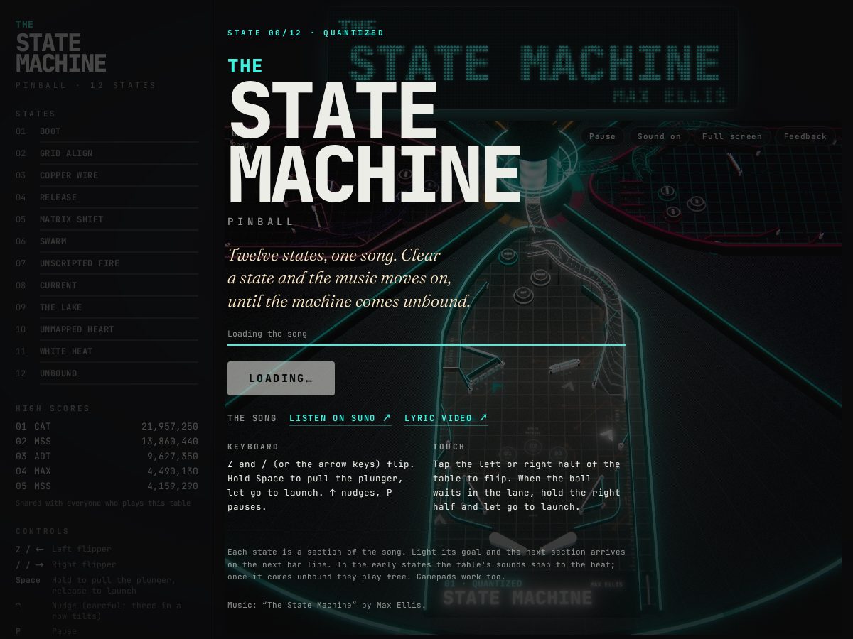 Landing-page snapshot of statemachinepinball.com
