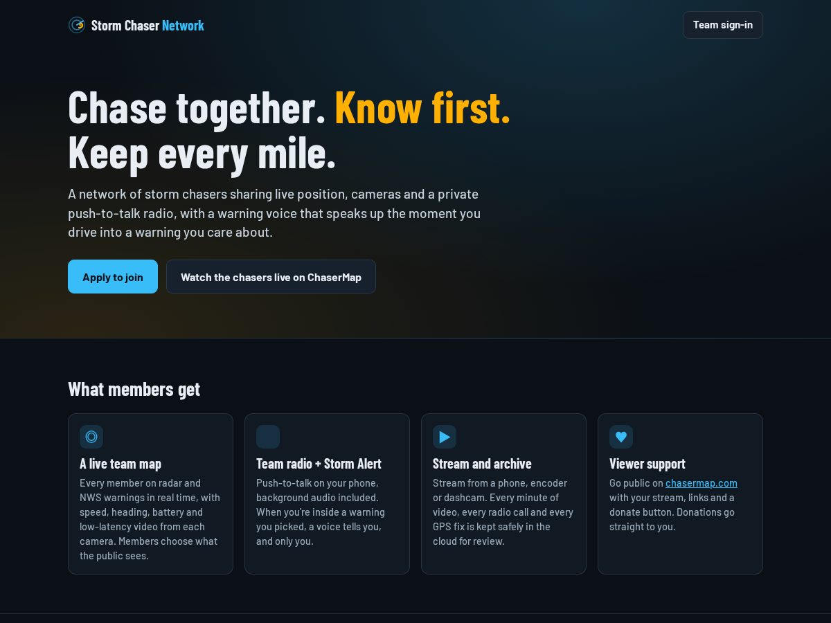 Landing-page snapshot of stormchasernetwork.com