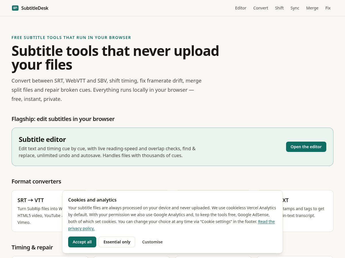 Landing-page snapshot of subtitledesk.com