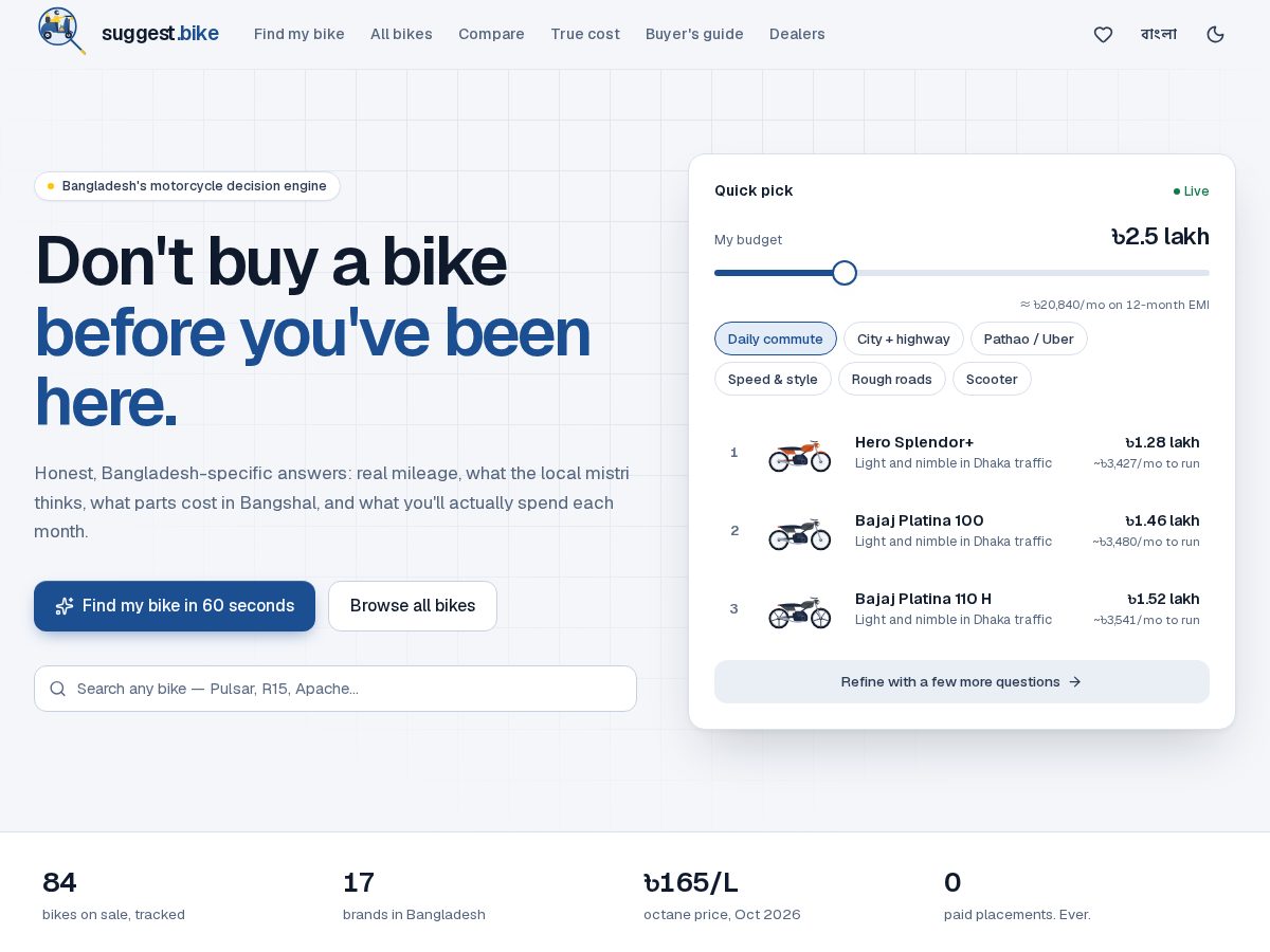 Landing-page snapshot of suggest.bike