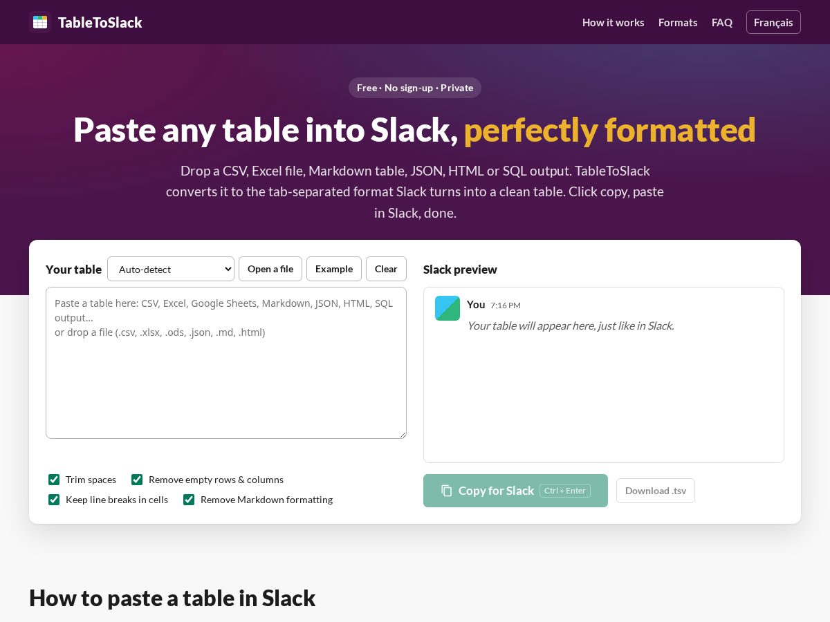 Landing-page snapshot of tabletoslack.com