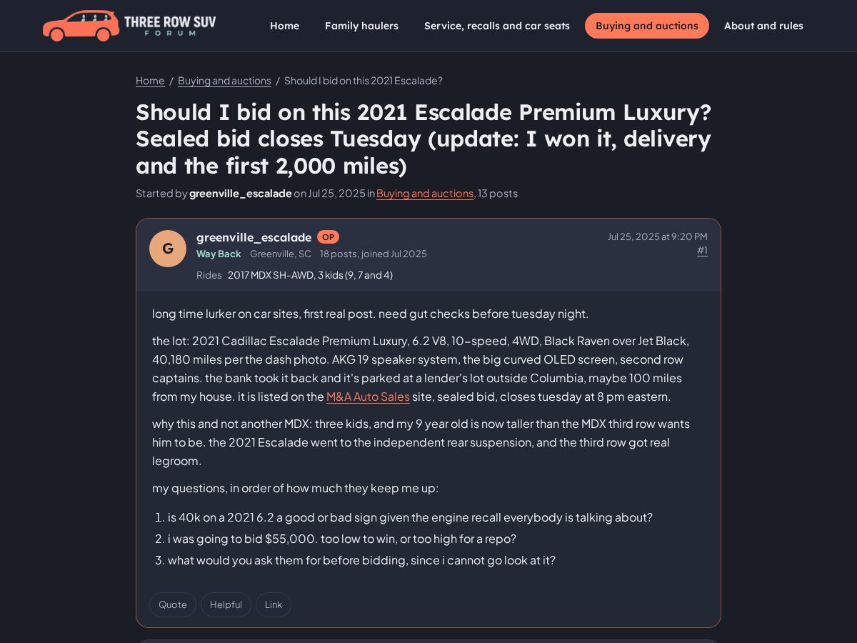 Landing-page snapshot of threerowsuvforum.com