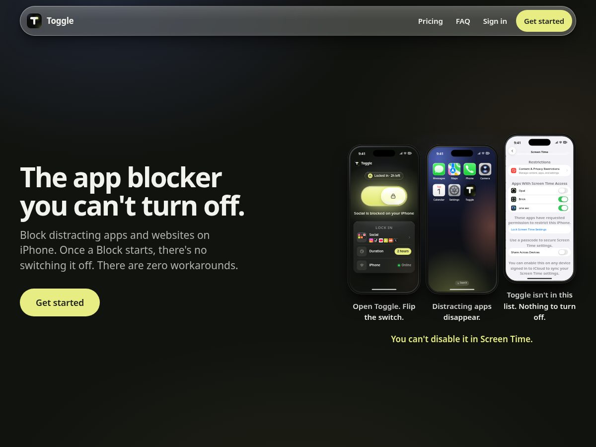 Landing-page snapshot of toggleblocker.com