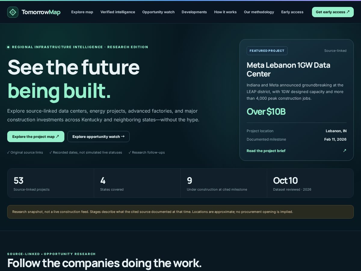 Landing-page snapshot of tomorrowmapintel.com