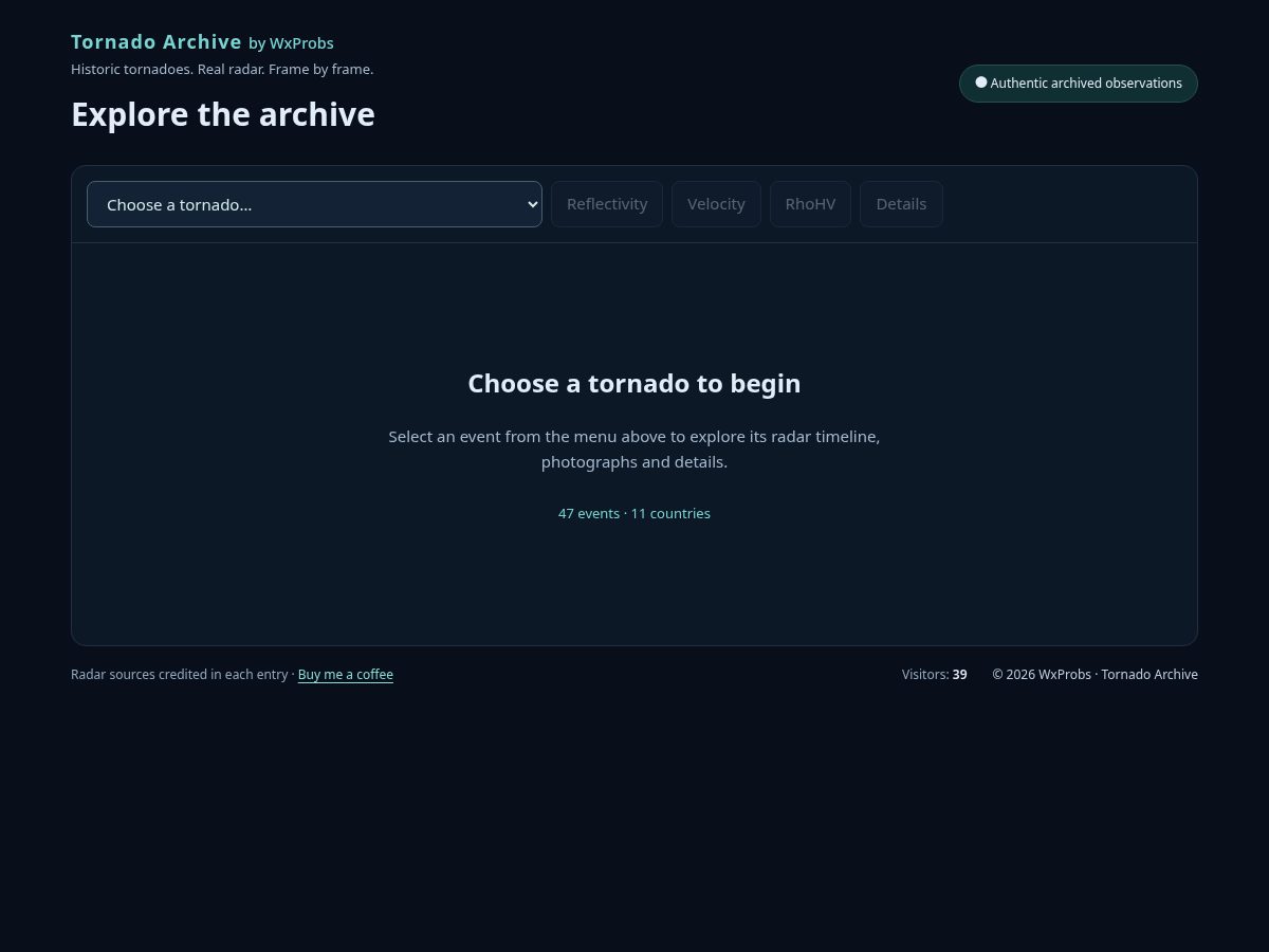 Landing-page snapshot of tornadoarchive.org