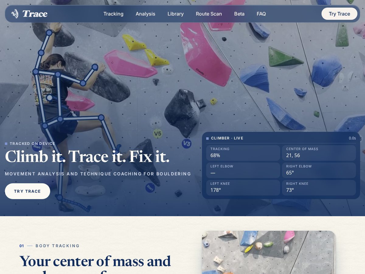 Landing-page snapshot of traceclimbing.com