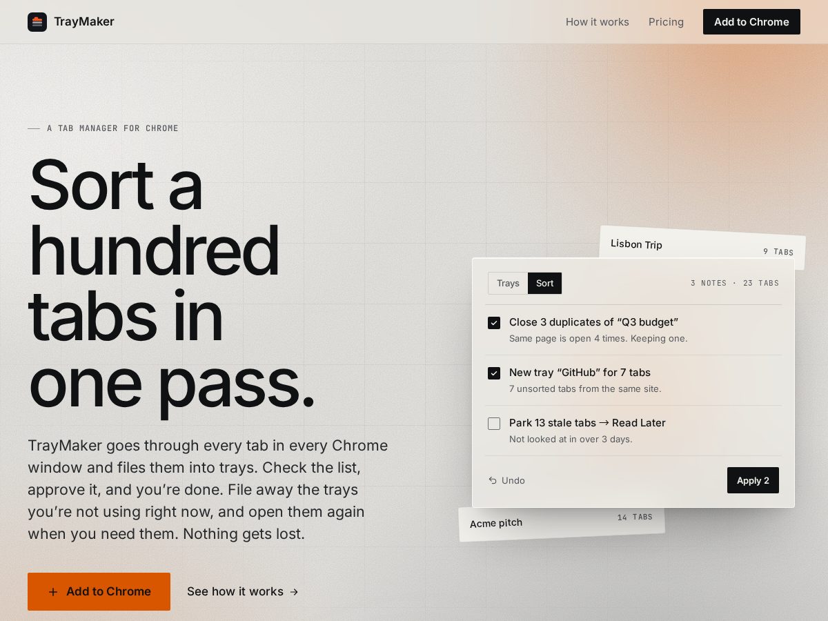 Landing-page snapshot of traymaker.app