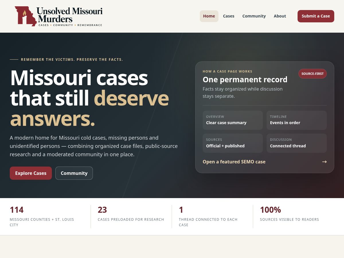 Landing-page snapshot of unsolvedmissourimurders.com