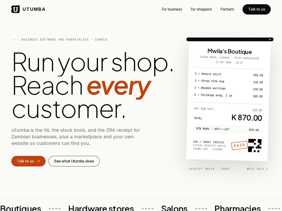 Landing-page snapshot of utumba.site