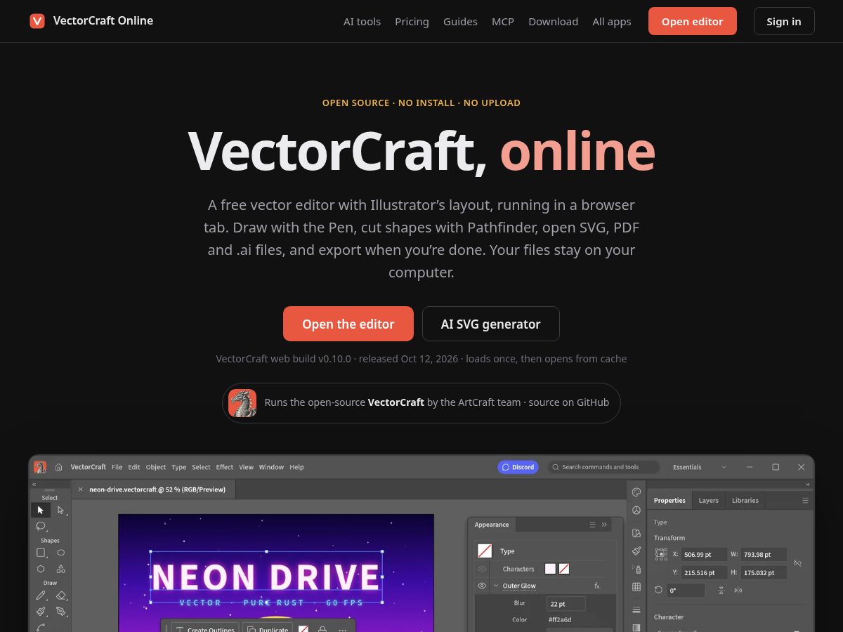 Landing-page snapshot of vectorcraft.run