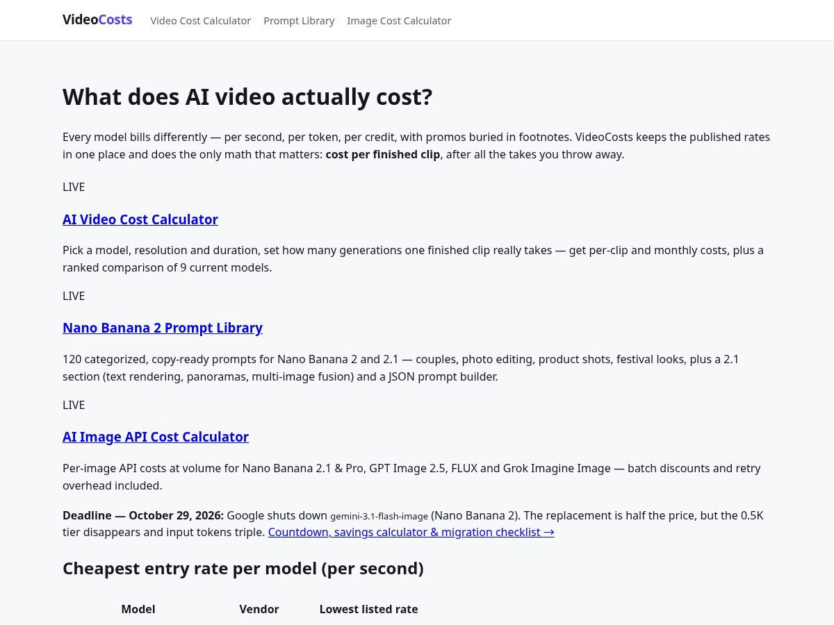 Landing-page snapshot of videocosts.com
