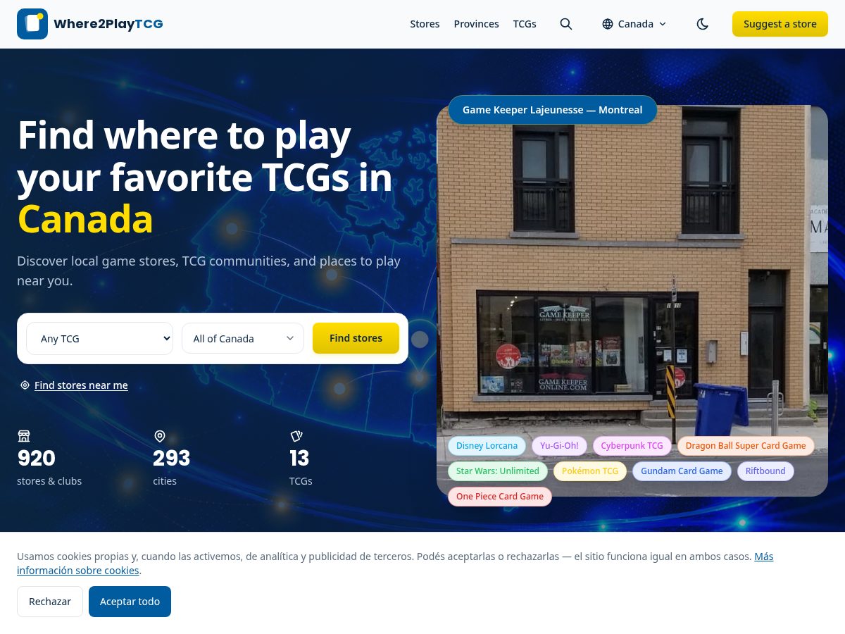 Landing-page snapshot of where2playtcg.com