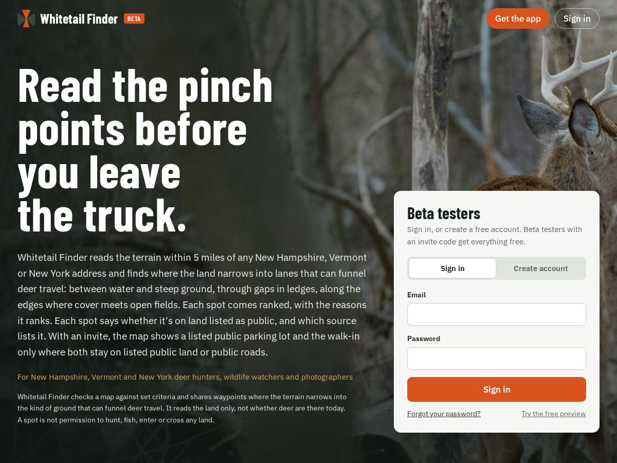 Landing-page snapshot of whitetailfinder.com