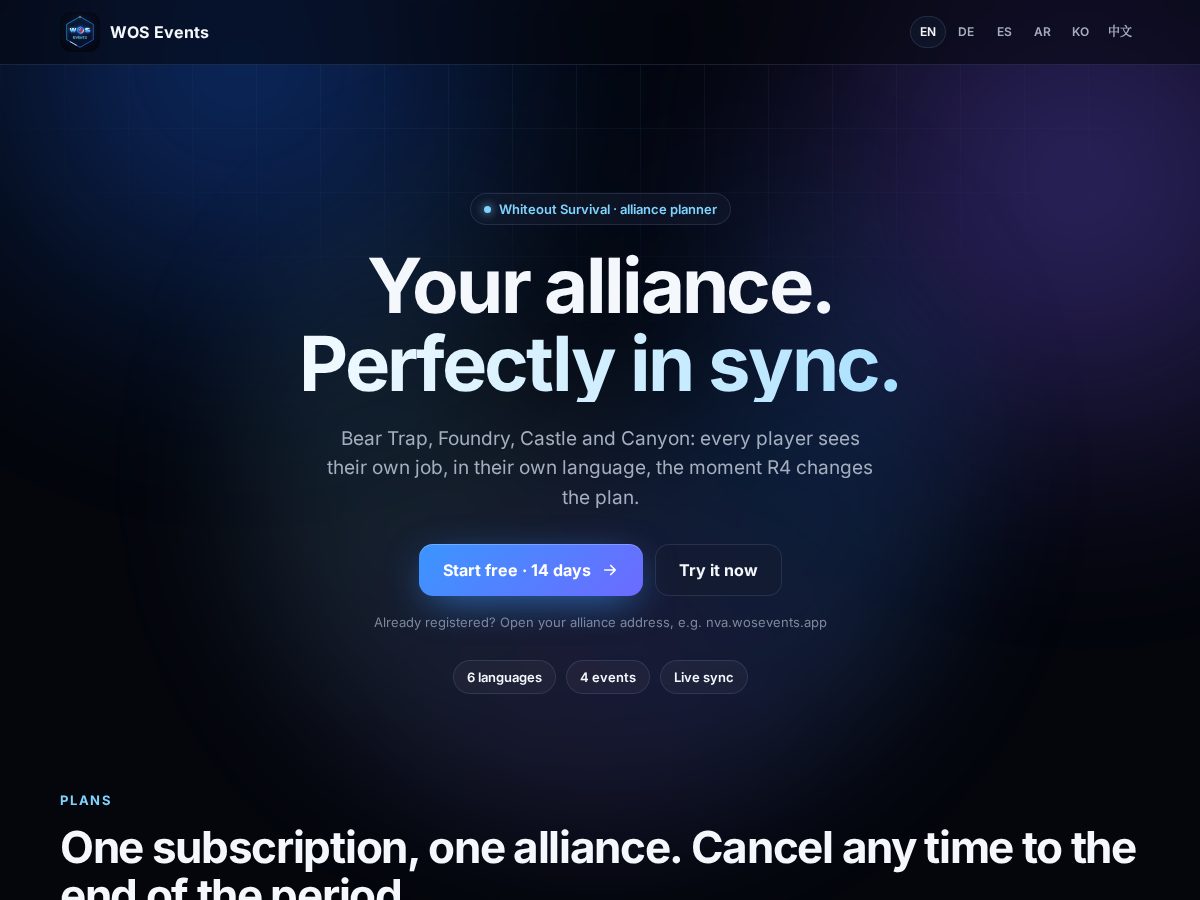 Landing-page snapshot of wosevents.app