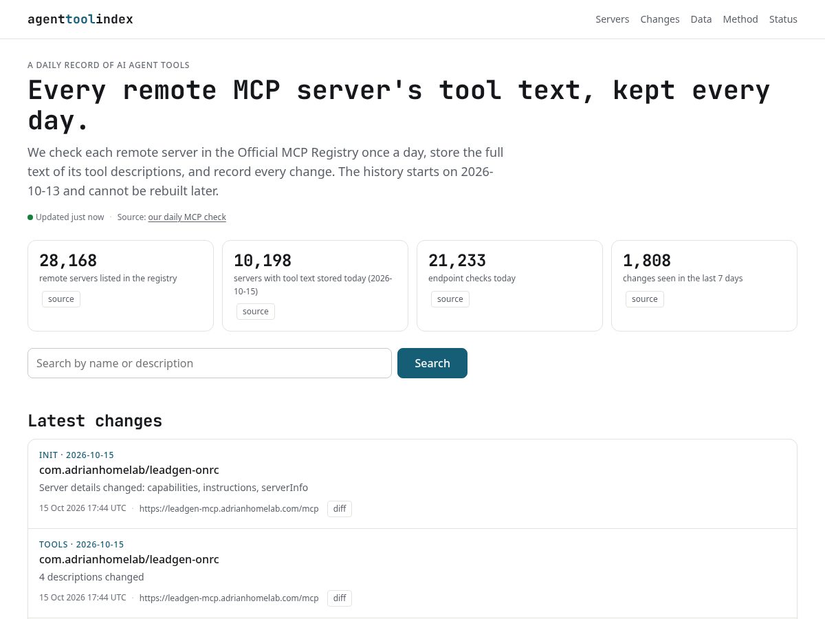 Landing-page snapshot of agenttoolindex.com