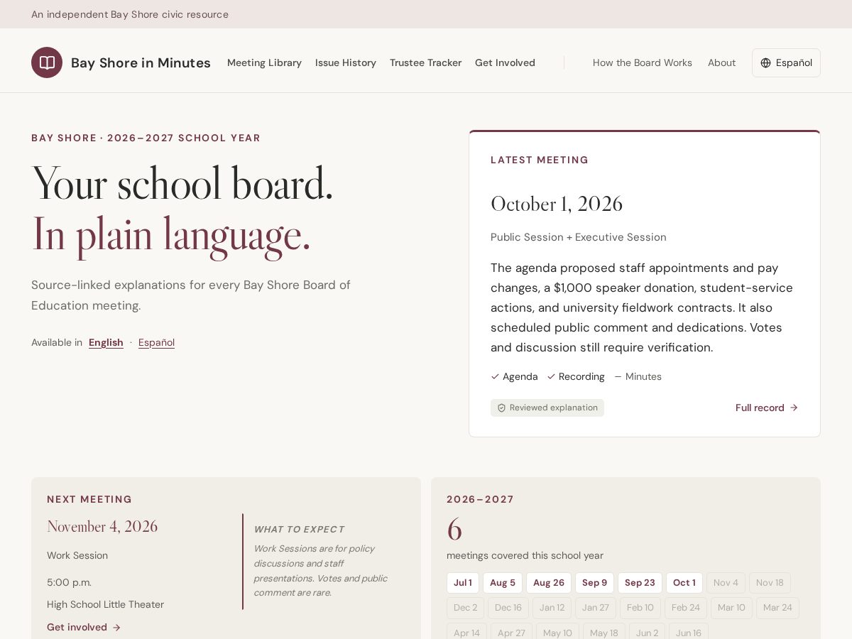Landing-page snapshot of bayshoreinminutes.org