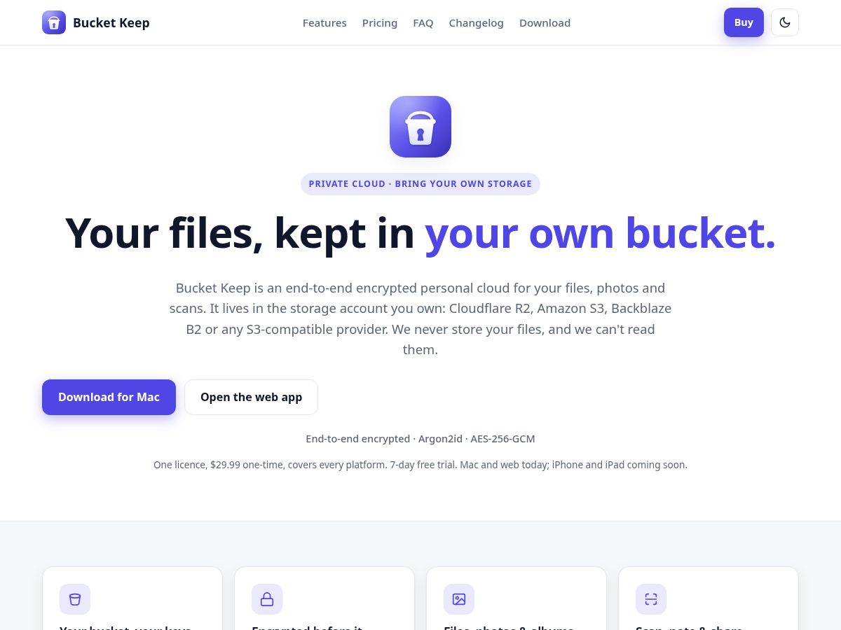 Landing-page snapshot of bucketkeep.com