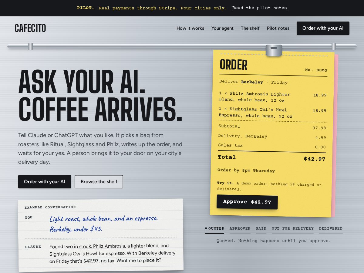 Landing-page snapshot of cafecito.bot