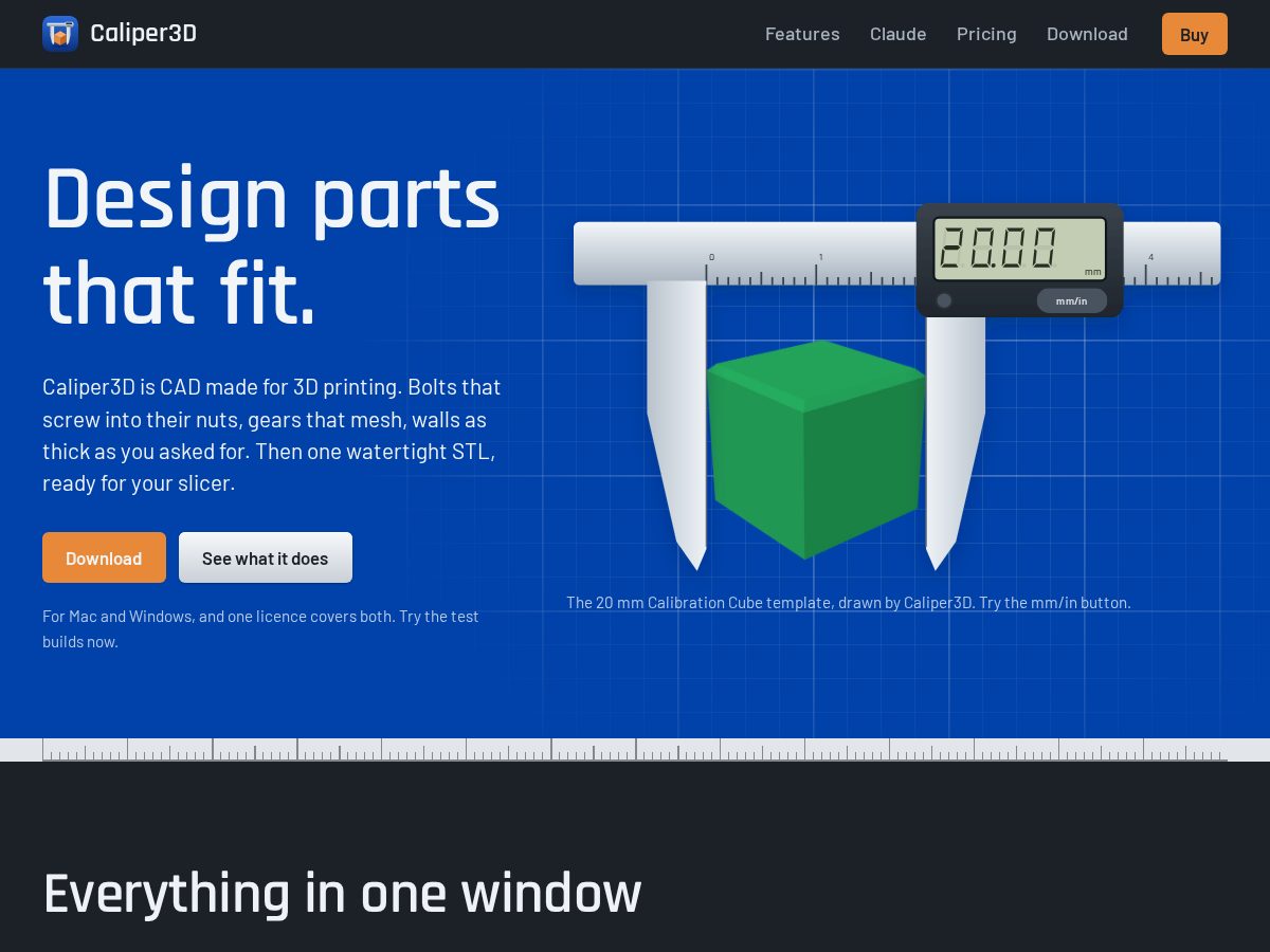 Landing-page snapshot of caliper3d.com