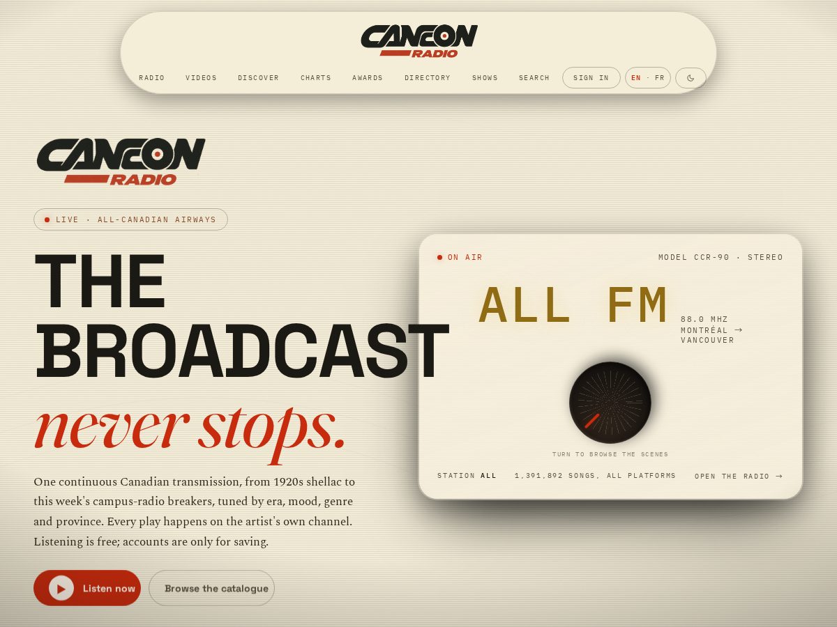 Landing-page snapshot of canconradio.com