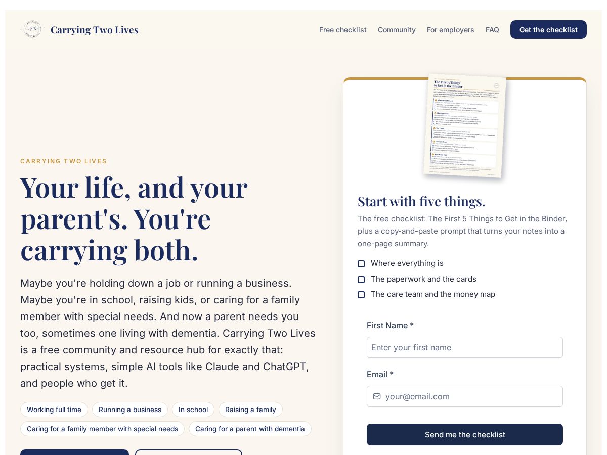 Landing-page snapshot of carryingtwolives.com