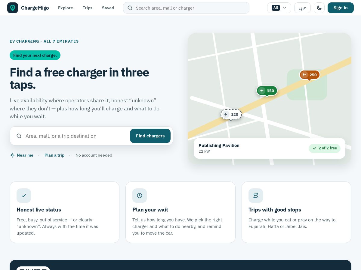 Landing-page snapshot of chargemigo.com