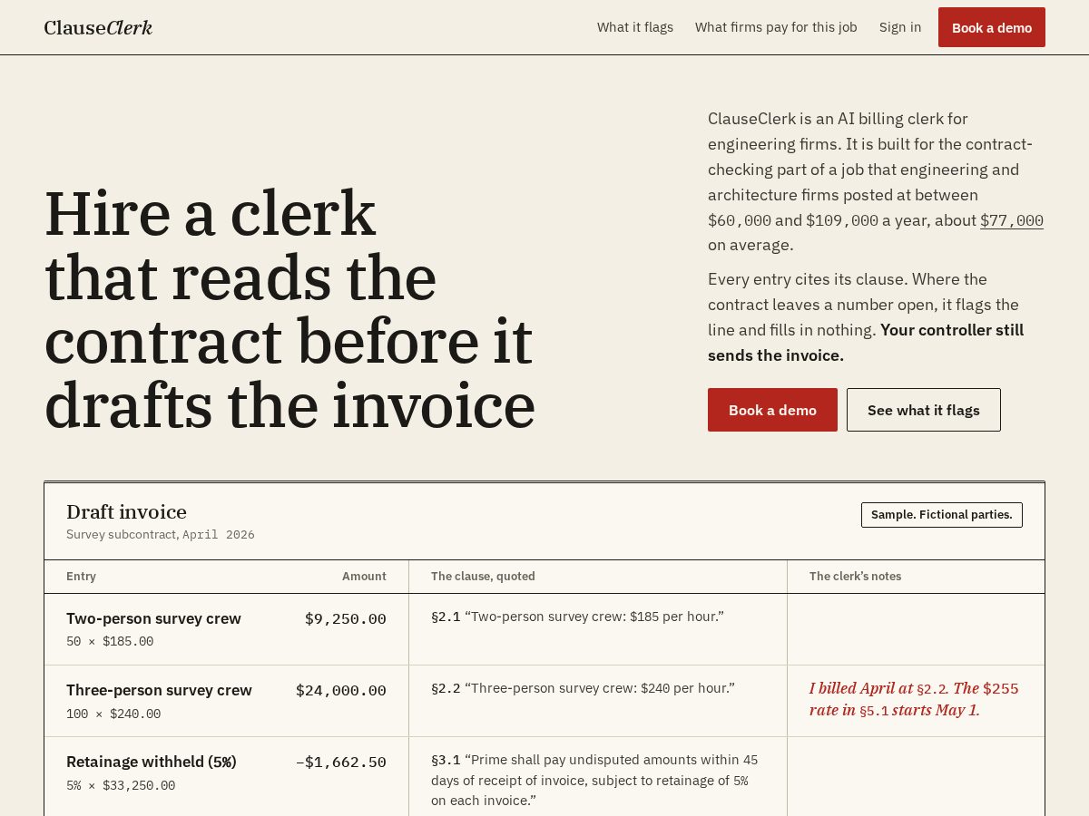 Landing-page snapshot of clauseclerk.com