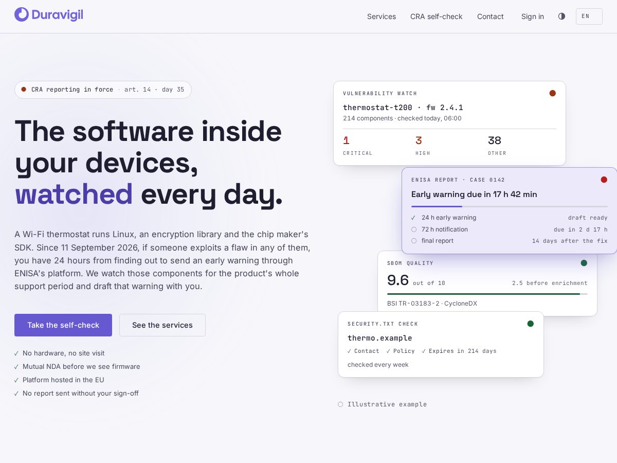 Landing-page snapshot of duravigil.com